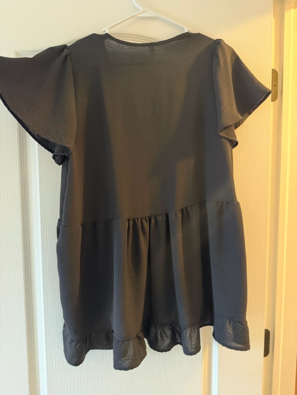 Black Tiered Babydoll Top | Flutter Sleeve V-Neck Blouse - Picture 4 of 5